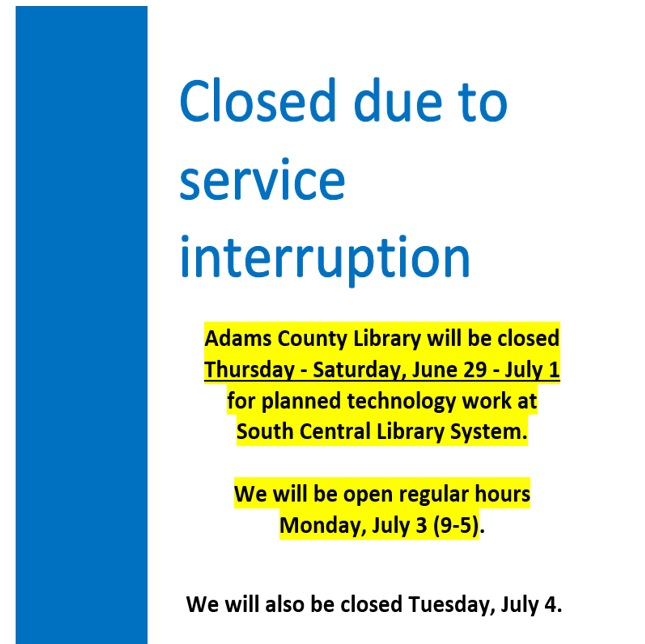Closed for planned technology work at South Central Library System