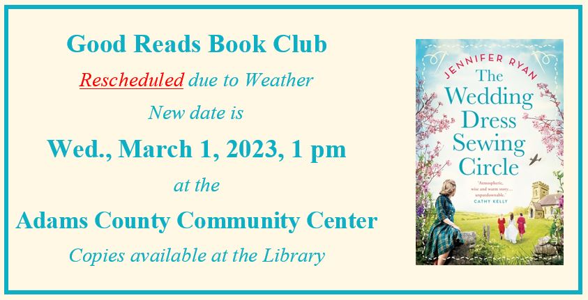 Good Reads Book Club rescheduled, The Wedding Dress Sewing Circle