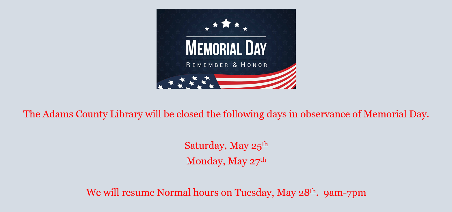 Memorial Day Hours