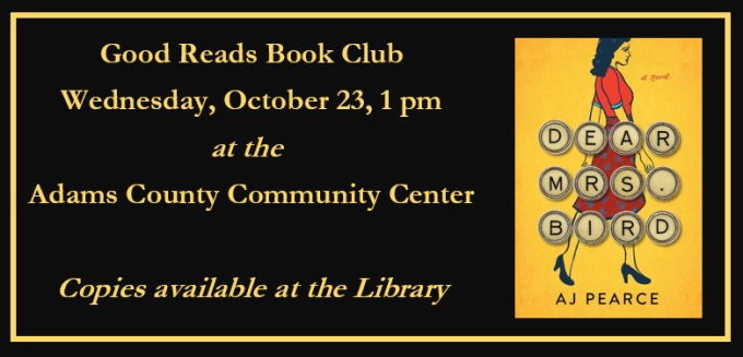 Good Reads Book Club meets Oct. 23, 2024 at 1 pm Good Reads Book Club meets Oct. 23, 2024 at 1 pm