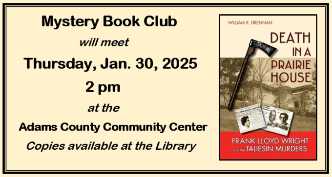 Mystery Book Club meeting Jan. 30, 2025 at 2 pm