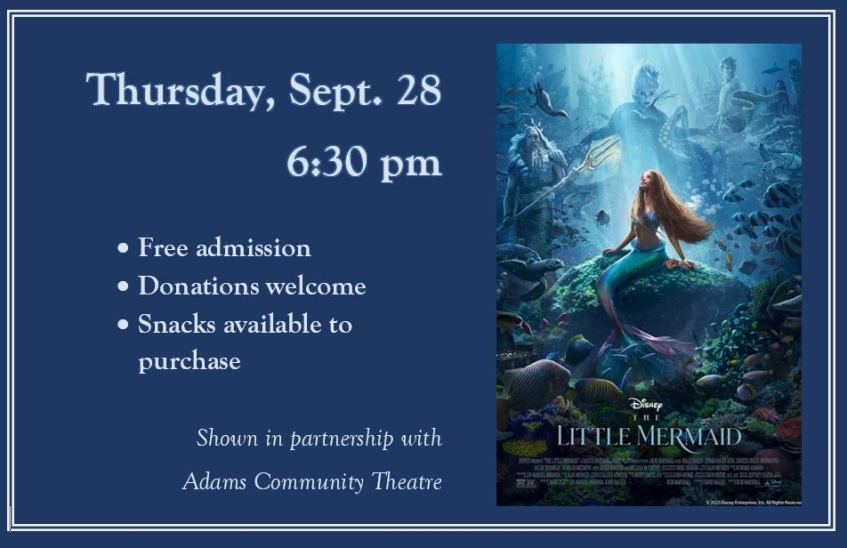 Free film THe Little Mermaid Thursday, Sept. 28, 2023 at 6:30 pm